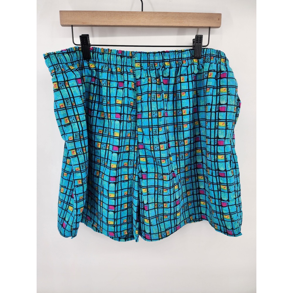 Sunset Highway Mens XL Blue Geometric Grid Abstract Print Swim Trunks Shorts 90s